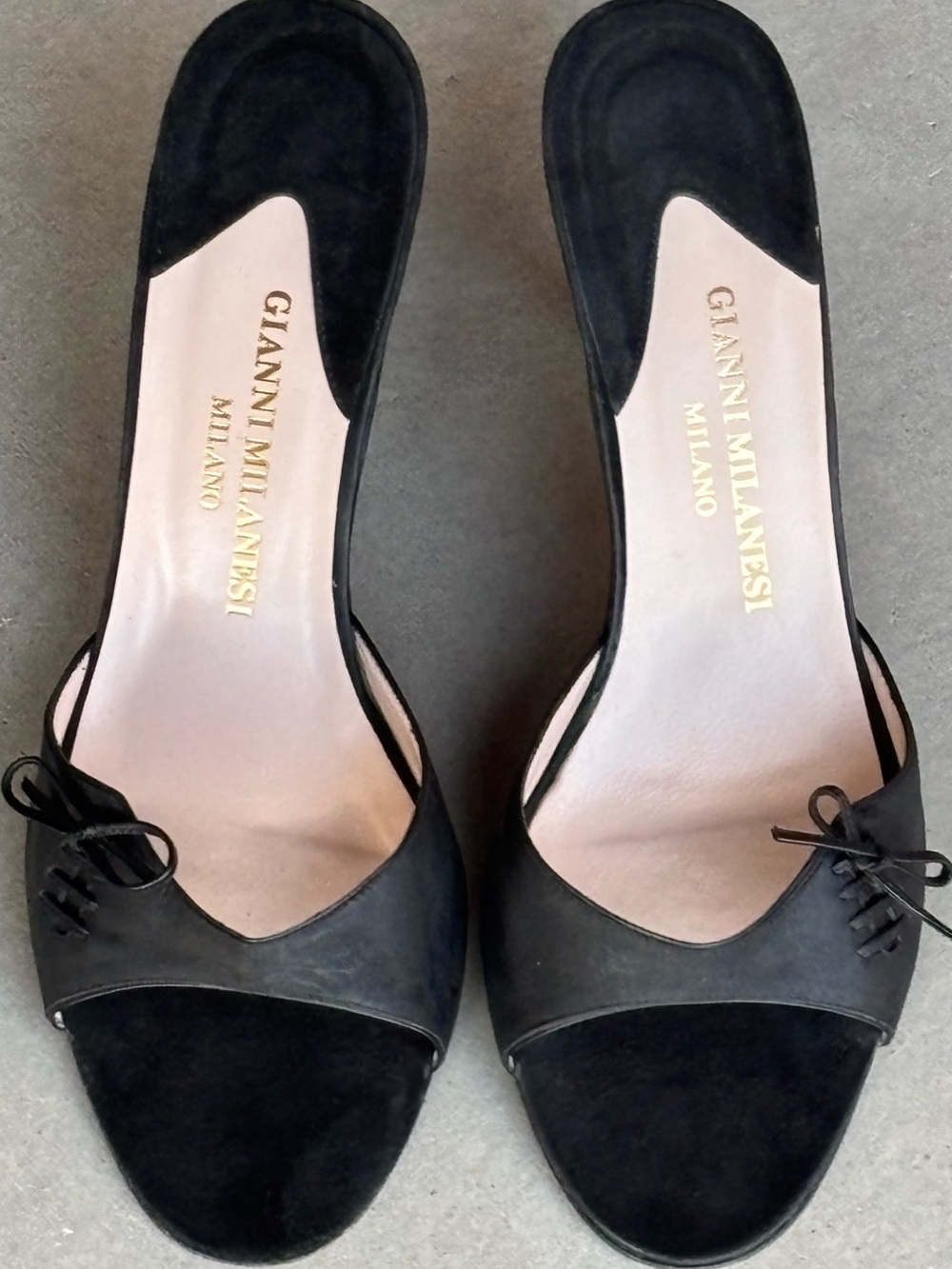 Gianni Milanesi Black Leather Mule Sandals Kitten Heel Italy Sz 38.5 w/ Dust Bag